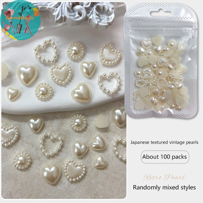 Renbg พลอยเทียม ไข่มุก รูปหัวใจ 3D คละแบบ แฮนด์เมด DIY สําหรับตกแต่งเล็บ 100 ชิ้น ต่อถุง