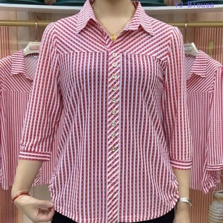 Chiffon Blouse for Women Plus Size Summer Versatile Striped Three-quarter Sleeve Shirt