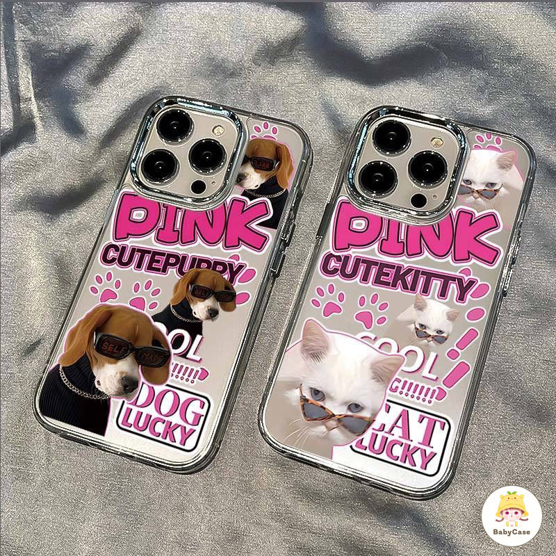 หรูหราชุบเลนส์โลหะน่ารักลูกสุนัขสีชมพูคู่กรณีเข้ากันได้สำหรับ IPhone 15 11 13 12 14 Pro Max 7Plus 8Plus XR 7 8 X XS Max