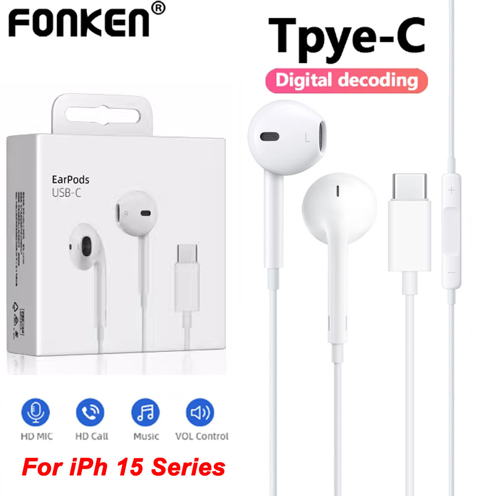 Fonken USB C หูฟังแบบมีสายชนิดใส่ในหูประเภท C หูฟังประเภท C ชุดหูฟังพร้อมไมโครโฟนสําหรับ iP 15 16 Se