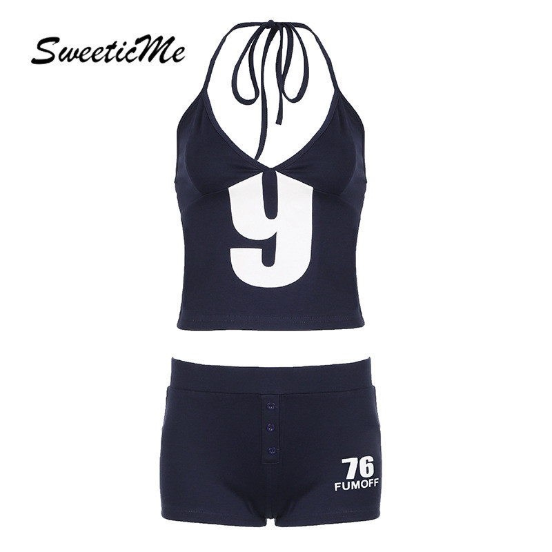 Sweeticme ชุดกีฬา กางเกงขาสั้น พิมพ์ลายตัวอักษร แฟชั่นสําหรับผู้หญิง 2024