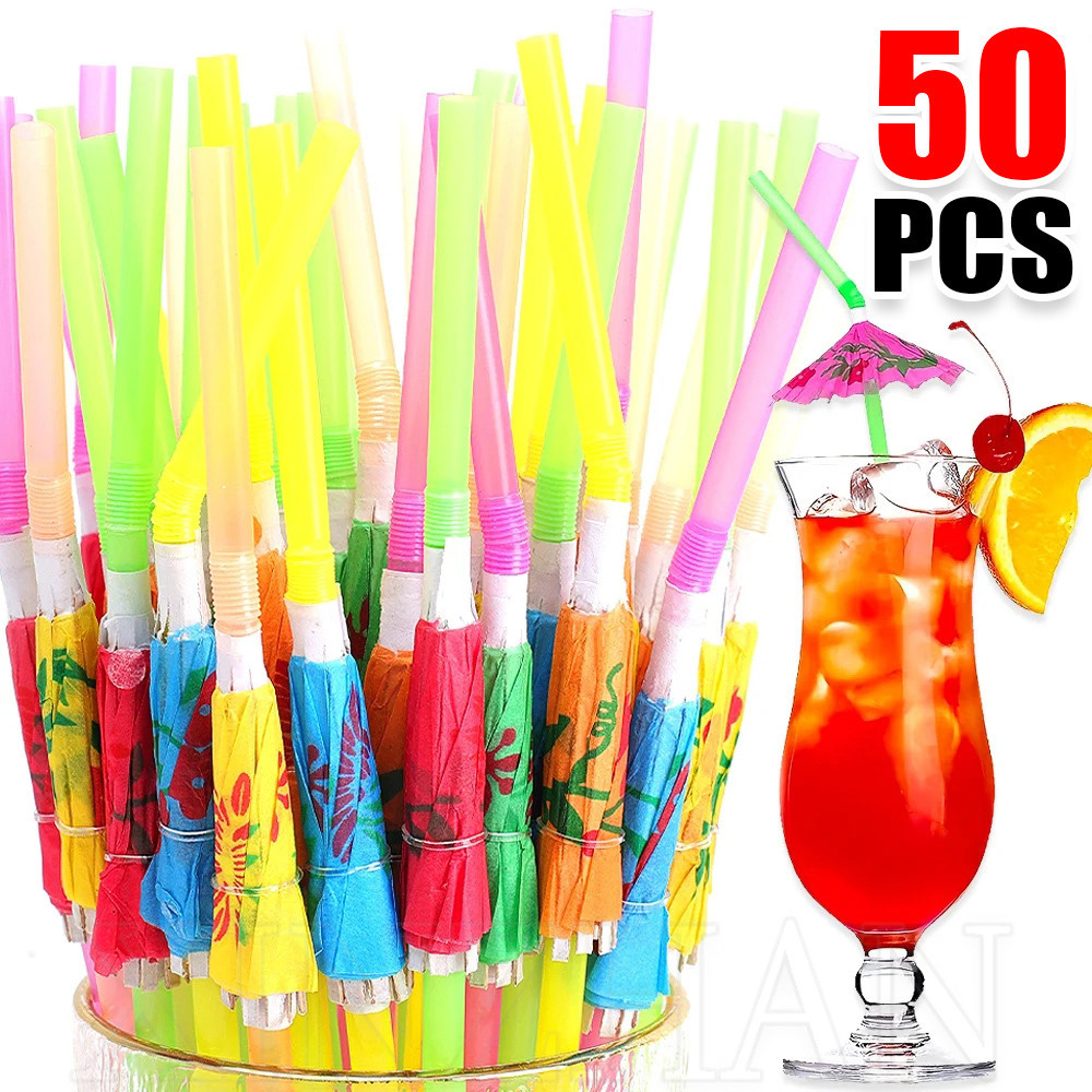 หลอดดูดค็อกเทลแฟนซี คละสี 50 ชิ้น - อุปกรณ์งานเลี้ยง บาร์คลับ - สําหรับน้ําผลไม้ เครื่องดื่มเขตร้อน เครื่องดื่มนุ่ม - หลอดเครื่องดื่มกันแดด - สีสันสดใสใช้แล้วทิ้งยาว