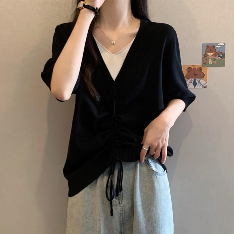 [Tops Oversize] (40-150 กก.) เสื้อยืดแขนสั้น คอวี ทรงหลวม สไตล์เกาหลี พลัสไซซ์ แฟชั่นฤดูร้อน