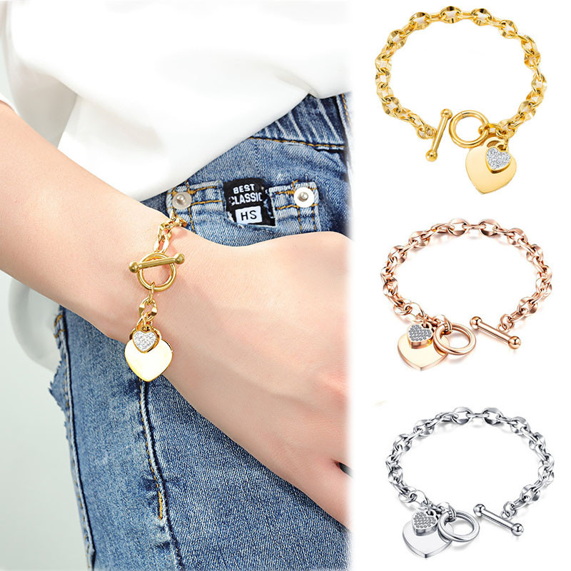 สร้อยข้อมือโซ่เหล็กไทเทเนียม จี้รูปหัวใจ เครื่องประดับ สําหรับผู้หญิง