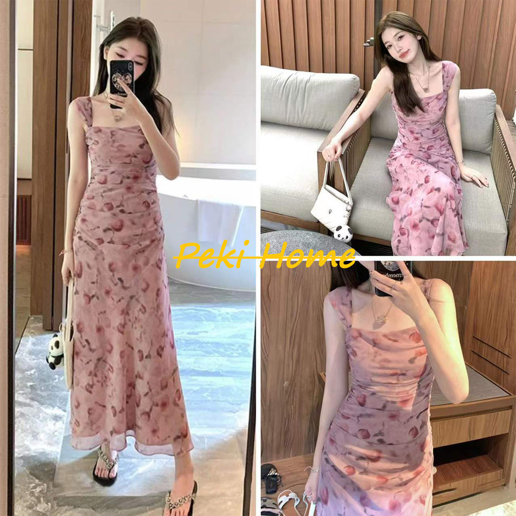 กระโปรงยาวลายดอกไม้สีชมพู สไตล์เกาหลี อ่อนโยนและมีเสน่ห์