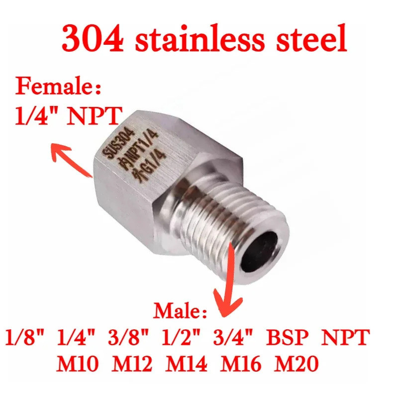 อะแดปเตอร์บุชชิ่งลดขนาดสแตนเลส 304 แบบหกเหลี่ยม, 1/4" NPT ตัวเมียเป็นตัวผู้ M10 M12 1/8" 1/4" 3/8" BSP NPT