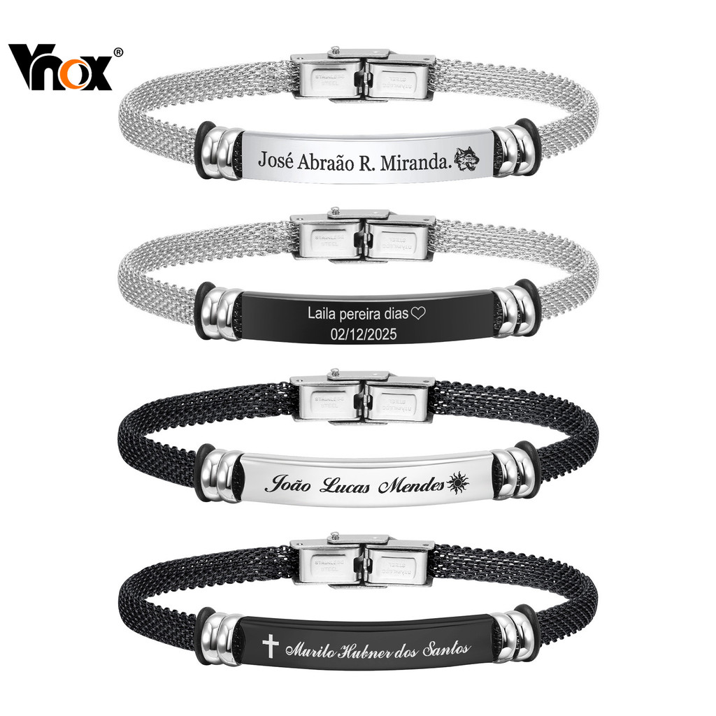 VNOX วีน็อกซ์ ส่วนบุคคลปรับแต่งสร้อยข้อมือสําหรับผู้ชาย,ฟรีแกะสลักสแตนเลสตาข่ายโซ่สร้อยข้อมือ,เครื่องประดับของขวัญ