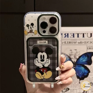 เคสแบบนุ่มพร้อมสายคล้องสำหรับใส่บัตรมิกกี้เม้าส์สุดน่ารัก เข้ากันได้กับ IPhone XR 15 12 11 13 14 16 Pro Max 7 8Plus XS X