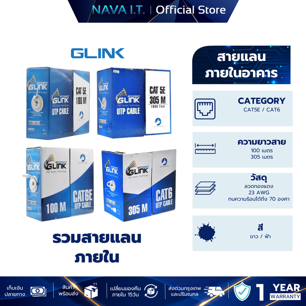 รวมสายแลนภายใน GLINK INDOOR GL5001 GL5004 GL6001 GL6003 CAT5E/CAT6 UTP CABLE หลายความยาว