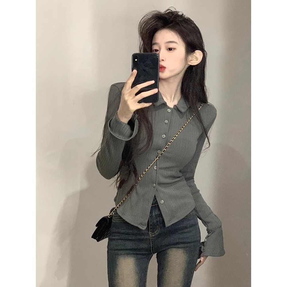 เสื้อยืดคอปกสำหรับผู้หญิง ดีไซน์เฉพาะตัว ทรงเข้ารูป เสื้อแขนยาว ความรู้สึกกำมะหยี่ WCHS