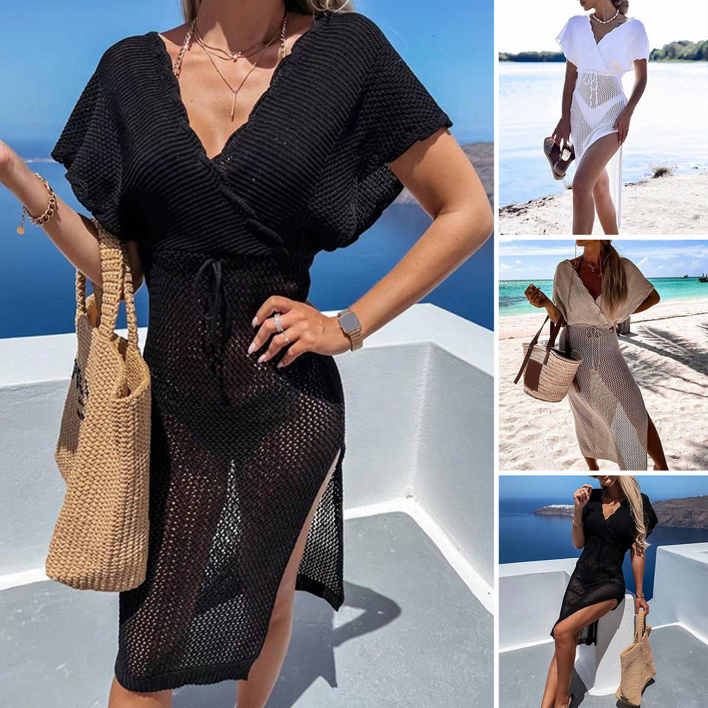 VCF บิกินี่ COVER UP ลึก V คอเซ็กซี่ Hollow Lace Up สูงแยก Sun Protection ข้อเท้าความยาวสีทึบชุดว่าย