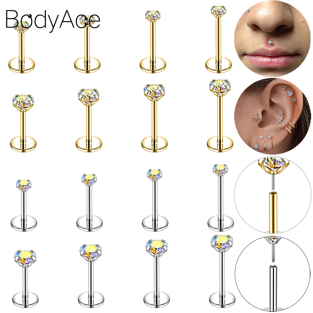 Bodyace 1 Pc สแตนเลสสตีลต่างหู 18G/20G Lip Piercing Multicolor คริสตัล Helix ต่างหู Plug สไตล์ Labret เจาะ