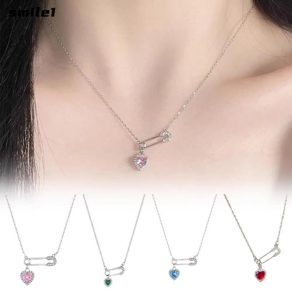 Smile Collarbone Chains, Clip Hollow Pin Necklace, Safety Needle Zircon Love Pendant Jewelry Women