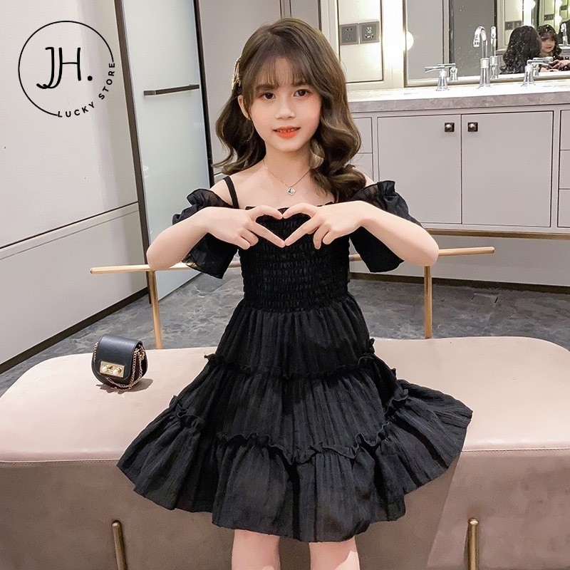 JH.lucky ชุดเดรสเด็กผู้หญิง ปาดไหล่ สายเดี่ยว น่ารักมาก เสื้อผ้าเด็กผู้หญิง เป็นสม็อคยืด ไม่อึดอัด #