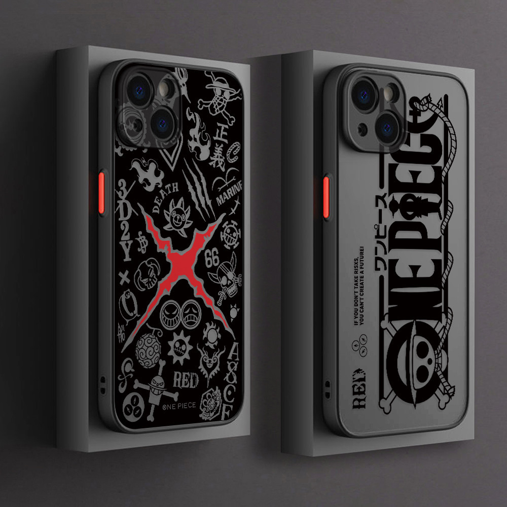 เคสโทรศัพท์มือถือ โปร่งแสง ผิวด้าน ลายโลโก้ One Piece สีดําด้าน สําหรับ iPhone 15 14 13 12 Mini 11 Pro Max X XS XR XSMAX 8 7 6 Plus SE2020