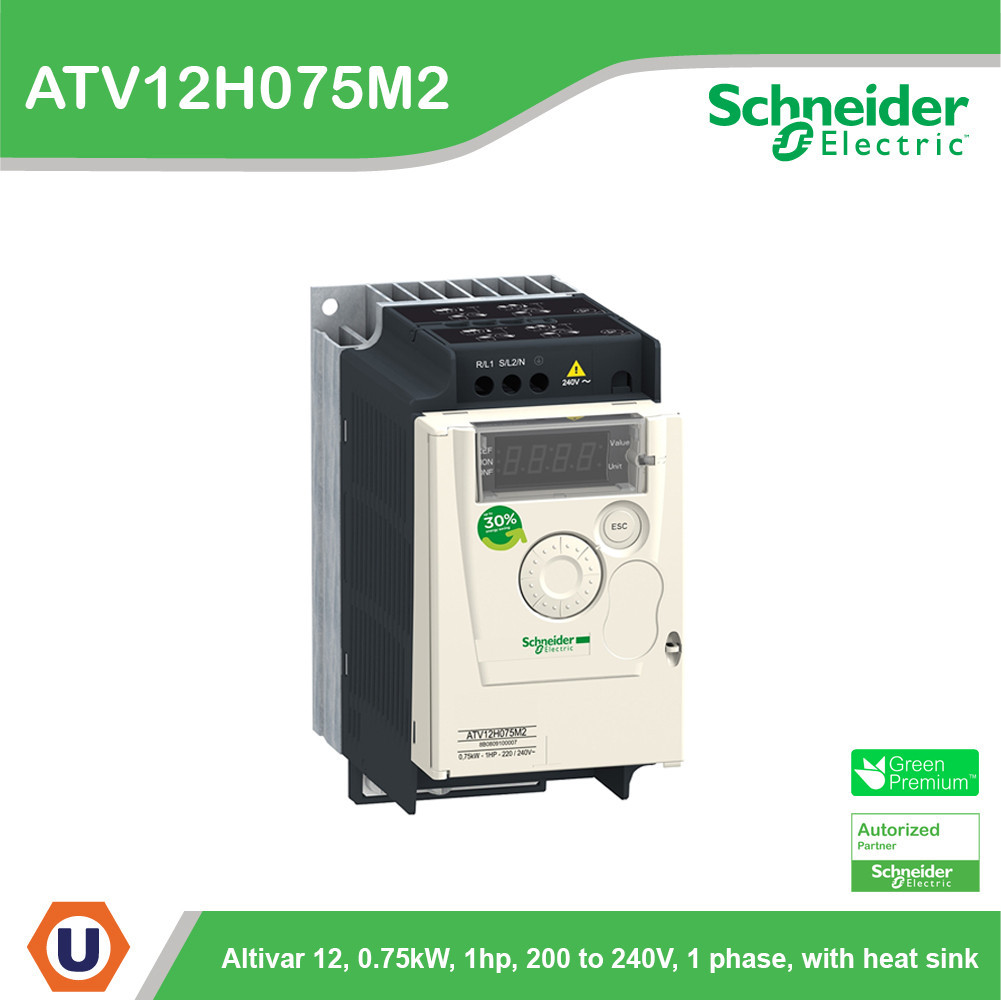Schneider variable speed drive, Altivar 12, 0.75kW, 1hp, 200 to 240V, 1 phase, with heat sink รหัส A