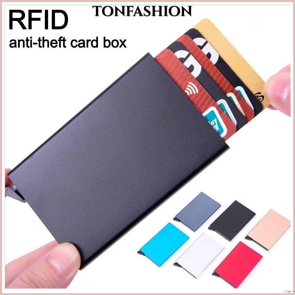 Tonfashion กระเป๋าสตางค์ป๊อปอัพอัตโนมัติ, ที่ใส่บัตรเครดิต บางพิเศษ กันขโมย, กล่องการ์ด อลูมิเนียม บางเฉียบ กระเป๋าใส่บัตร ที่ใส่บัตร RFID บล็อกผู้ถือบัตรผู้ชาย