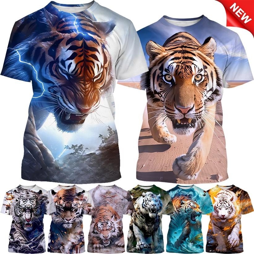 แฟชั่นฤดูร้อนสัตว์เสือสีขาว三维พิมพ์เสื้อยืดเย็นสบายๆสไตล์ฮาราจูกุถนนแขนสั้นผู้ชายเสื้อยืดคอกลม