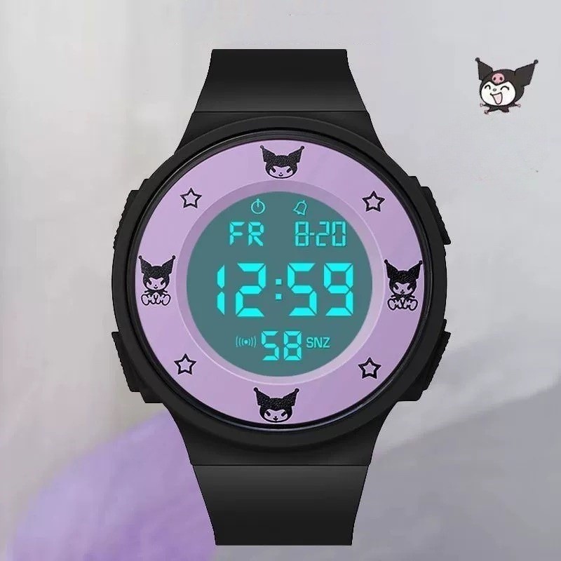 Sanrio Kuromi นาฬิกาข้อมือควอตซ์ อิเล็กทรอนิกส์ มีไฟ LED สายซิลิโคน หน้าปัดสี่เหลี่ยม กันน้ํา คุณภาพสูง สําหรับเด็กผู้หญิง นักเรียน