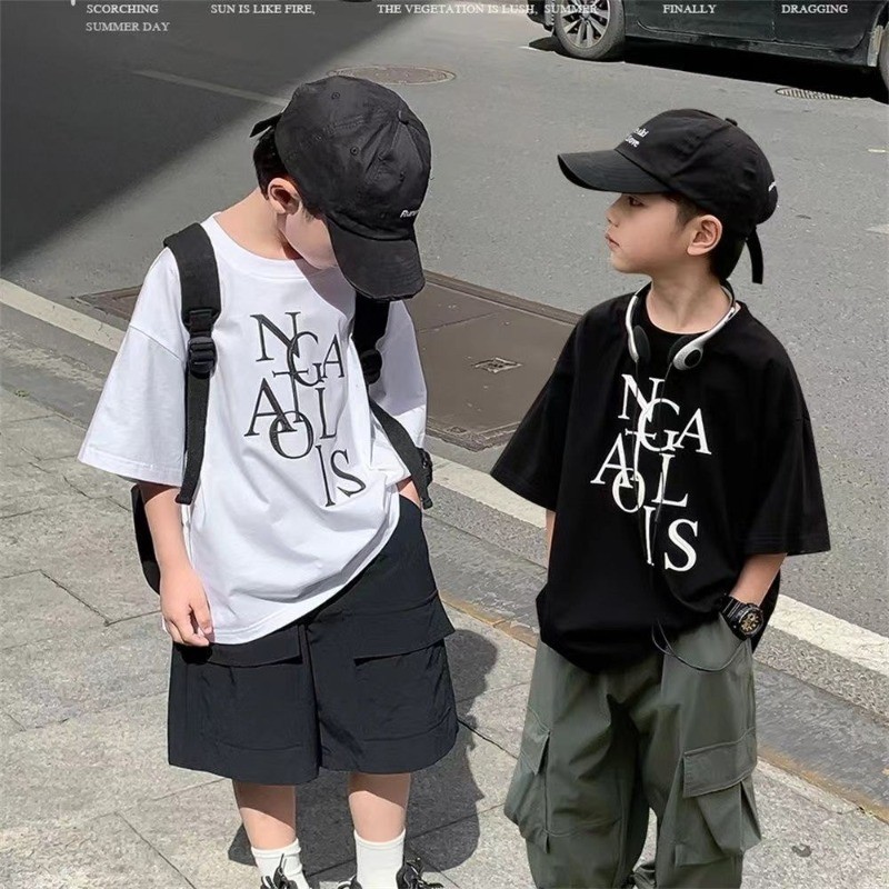 【เสื้อผ้าเด็ก】เสื้อยืดแขนสั้น ผ้าฝ้าย 100% สําหรับเด็กผู้ชาย (110-170)
