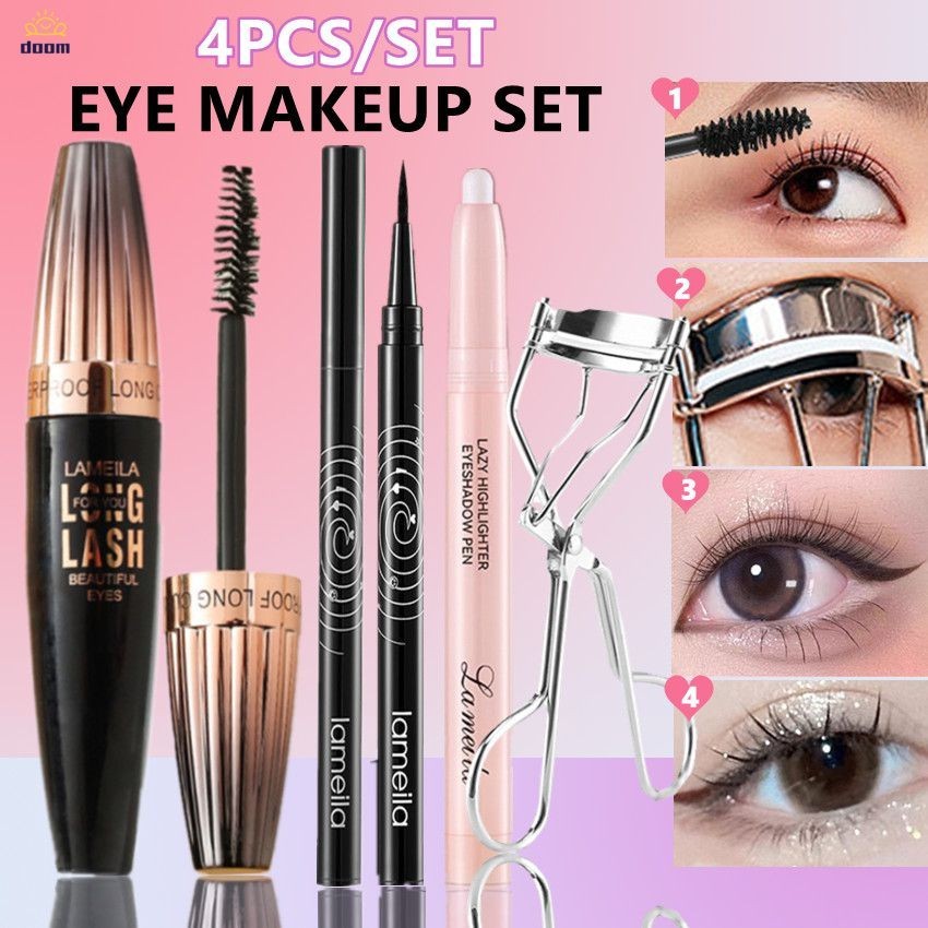 4 ชิ้นชุดแต่งตากันน้ํามาสคาร่าม้วนอายแชโดว์ปากกาอายไลเนอร์สีดําเพิ่มวอลลุ่มติดทนมาสคาร่าดัดขนตา 【doom】
