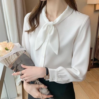 จัดส่งจากประเทศไทย เสื้อเชิ้ตเกาหลีหญิงสีฟ้า สวยๆ ผูกโบว์