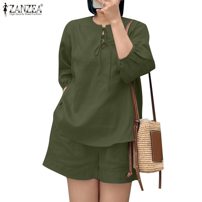 Zanzea ชุดลําลอง ผู้หญิง แขนสามส่วน ผูกเชือก สีพื้น คอกลม