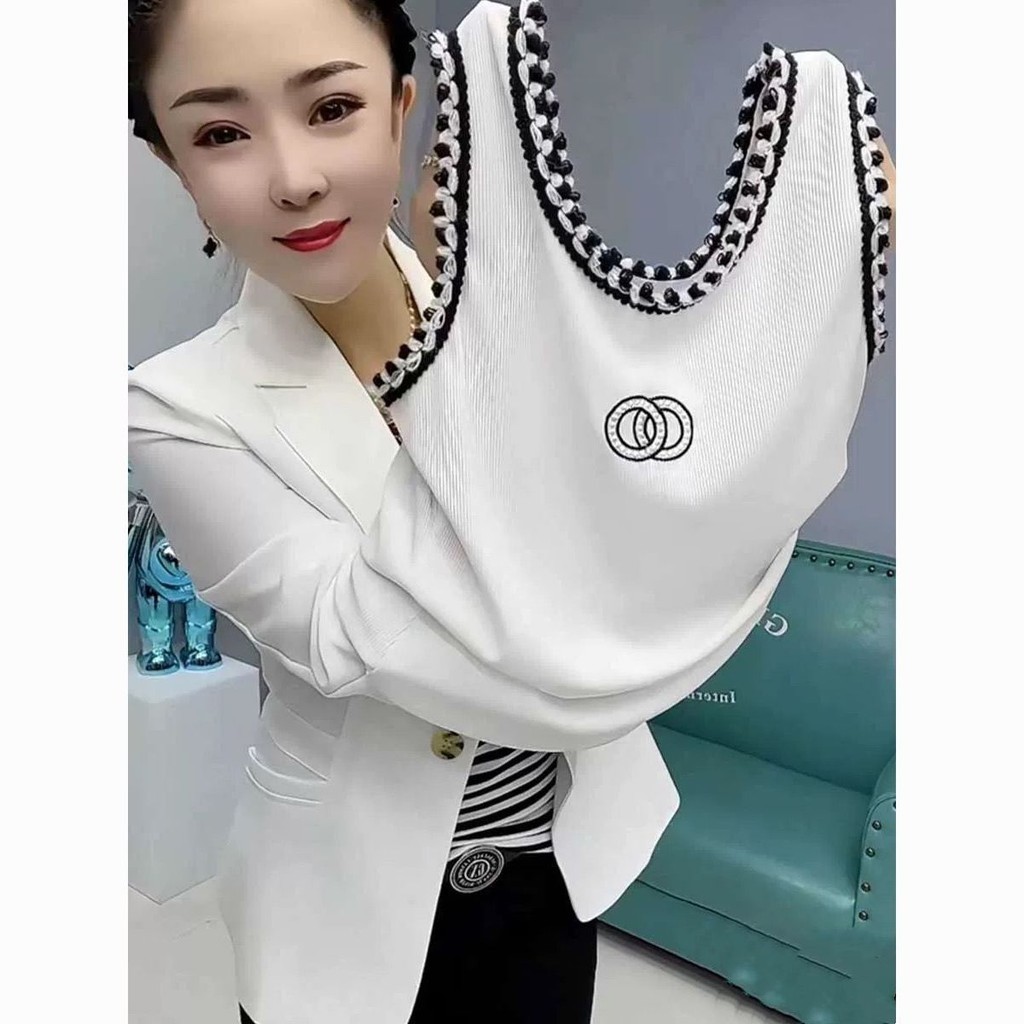 ♛-❀เสื้อกล้ามผ้าโมดัลถักสไตล์ชาแนลขนาดเล็กสำหรับผู้หญิงเสื้อแขนกุดตัวในตัวสำหรับใส่ด้านนอกเข้ารูปไซส์ใหญ่