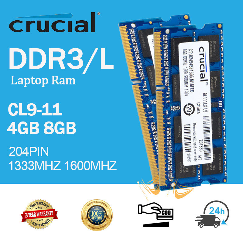 Crucial หน่วยความจําแล็ปท็อป 4GB 8GB RAM DDR3 1600MHZ DDR3L 1066MHZ 1333MHZ PC3 PC3L 8500S 10600S 12800S 2RX8 204PIN SODIMM