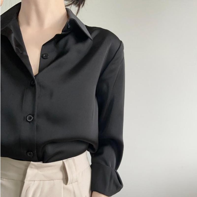 เสื้อเชิ้ตลําลอง ผ้าซาติน ทรงหลวม ระดับไฮเอนด์ สีดํา สําหรับสตรี พลัสไซซ์ XXL