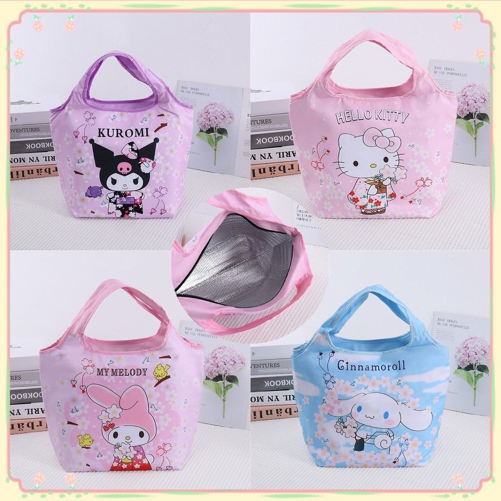 Sanrio ถุงข้าวกลางวัน Kawaii My Melody Kuromi Hello Kitty Pochacco Travel กล่องอาหารเช้าแบบเก็บความร้อนโรงเรียนกระเป๋าโท้เด็กถุงอาหาร 【sunny】
