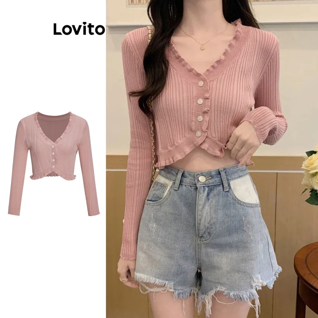 Lovito เสื้อสเวตเตอร์ผู้หญิง มีระบาย สีพื้น สไตล์ลำลอง L67AD064 (สีชมพู)