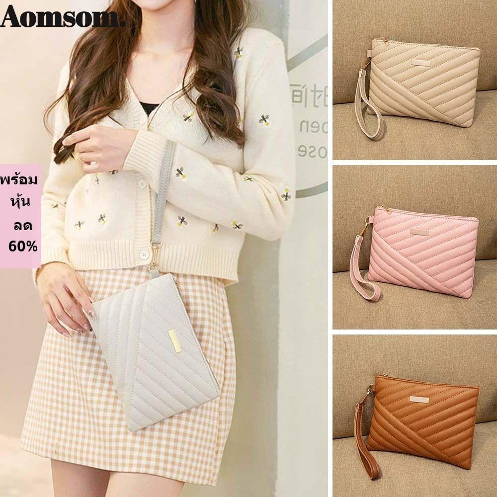 Aomsom กระเป๋าสตางค์หนัง ทรงคลัทช์ มีสายคล้องข้อมือ สําหรับผู้หญิง เดินทาง