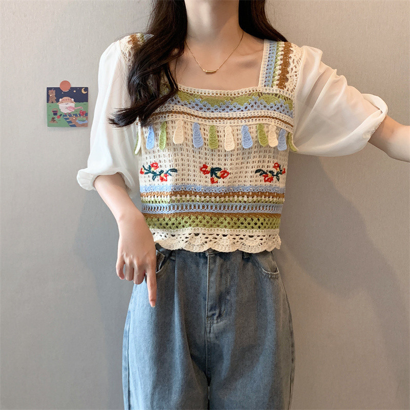 DODO✨พร้อมส่ง✨เสื้อถักไหมพรม คอเหลี่ยม เสื้อถักไหมพรม แขนสั้นผ้าชีฟอง สีพาสเทลใส่สบาย(72026)