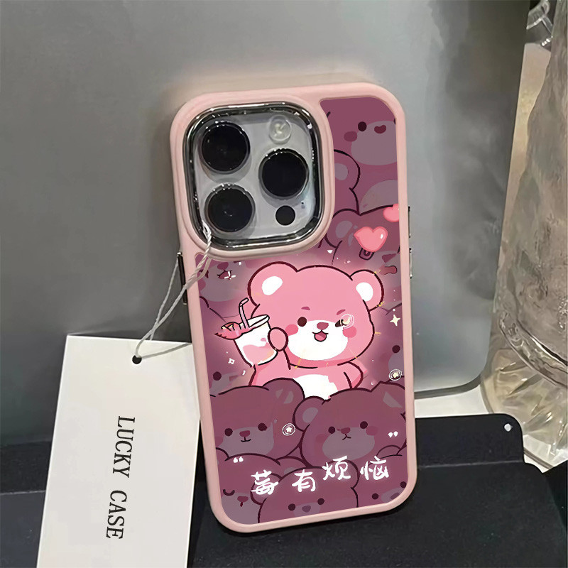 เคสโทรศัพท์มือถือ กรอบโลหะ ลายหมีสตรอเบอร์รี่น่ารัก ขนาดใหญ่ สีชมพู สําหรับ IPhone 11 12 13 14 15Pro Max Xr X XsMax 7 8 Plus Se2020