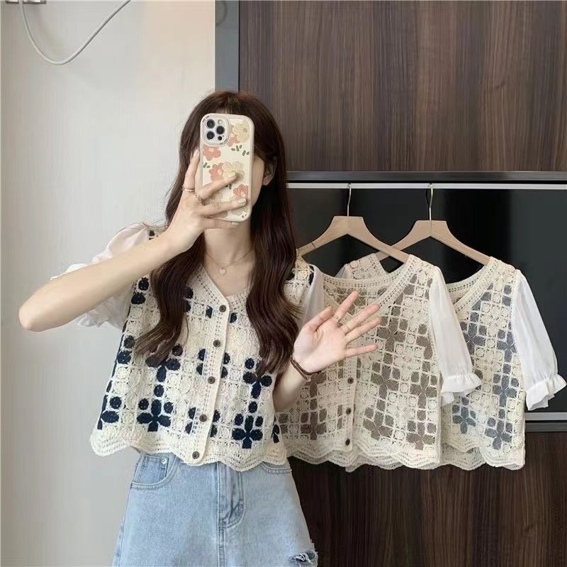 เสื้อแจ็กเก็ตคาร์ดิแกน แขนสั้น ผ้าถัก แบบรูกลวง แต่งลูกไม้ แฟชั่นฤดูร้อน 2025