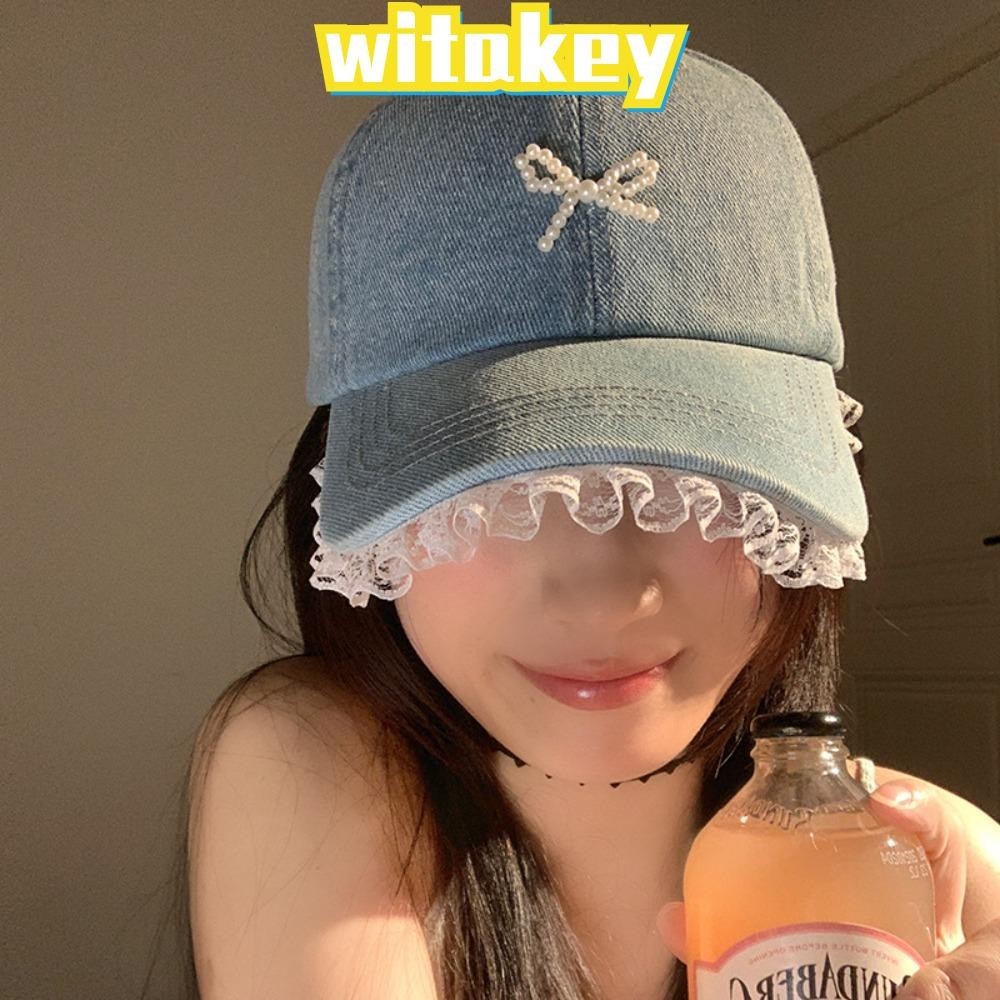 Witakey หมวกเบสบอล หมวกปีกลูกไม้ ประดับโบว์มุก หมวกบังแดด สไตล์ญี่ปุ่น สีเดนิม