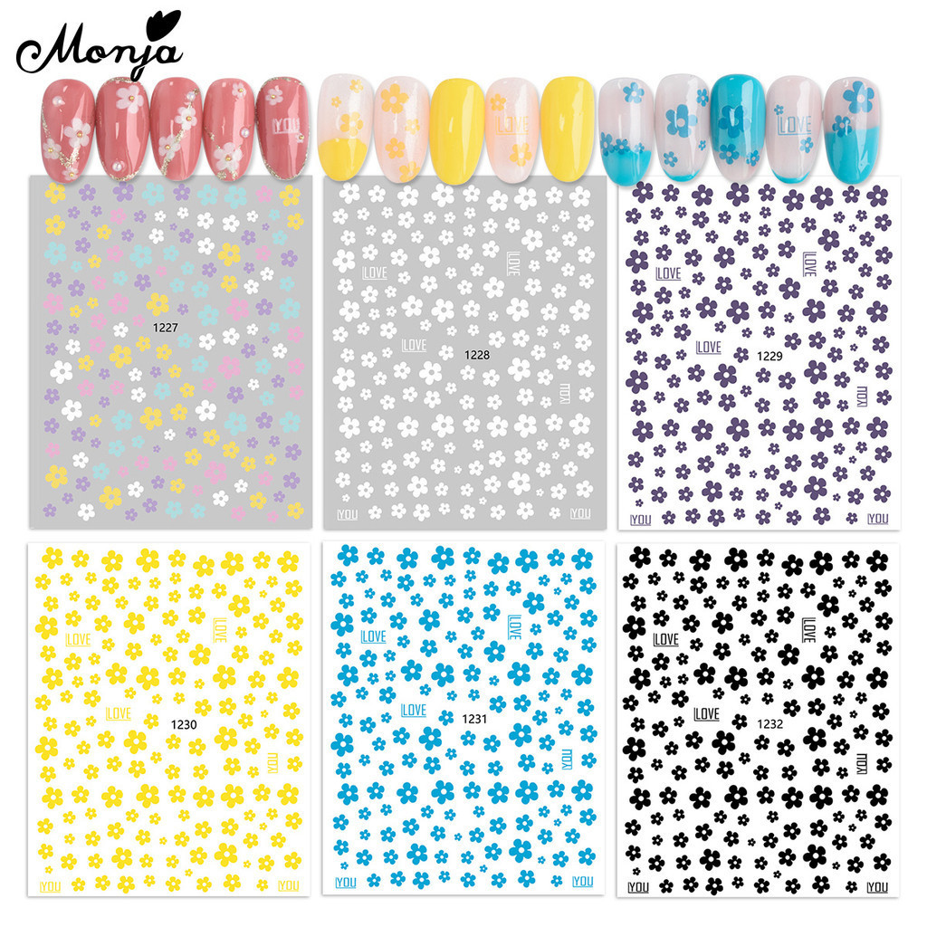 Monja สติกเกอร์โฮโลแกรม ลายดอกไม้ มีกาวในตัว สําหรับตกแต่งเล็บ 6 สี