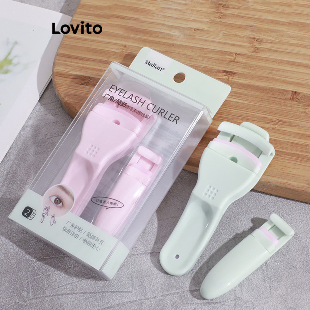Lovito ชุดอุปกรณ์แต่งหน้า ที่ดัดขนตาผู้หญิง 2 ชิ้น ลิฟติ้งขนตา แบบพกพา สีพื้น LBT03080