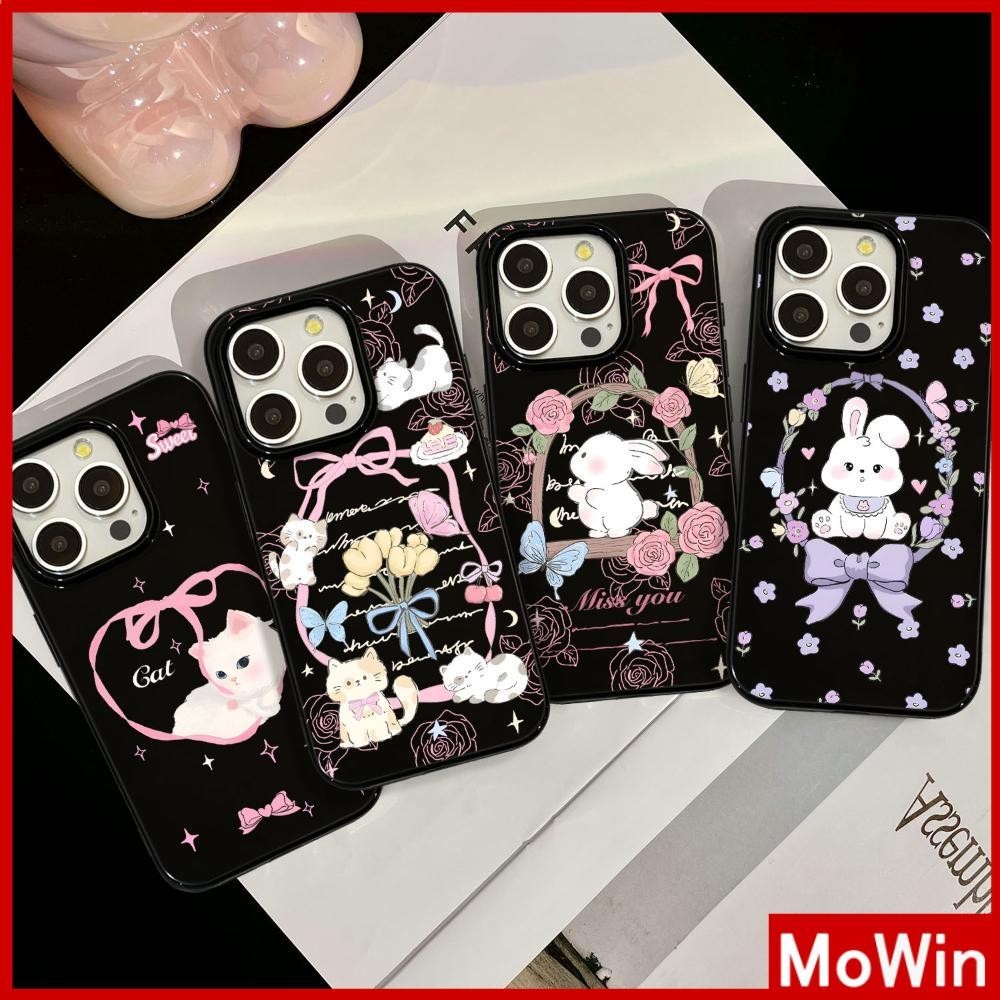 Mowin - สำหรับ iPhone 15 Pro Max เคส ไอโฟน สีดำมัน TPU ซอฟท์เคส กันกระแทกกล้องป้องกัน แมวกระต่ายดอกไม้ เข้ากันได้กับ iPhone 14 13 12 Pro Max 11 XR XS Max 7 8 Plus