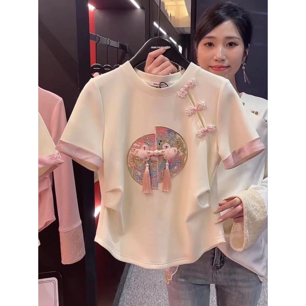 ใหม่ เสื้อยืดแขนสั้น ปักลาย สไตล์จีน เข้ากับทุกการแต่งกาย แฟชั่นฤดูใบไม้ผลิ และฤดูร้อน สําหรับผู้หญิง