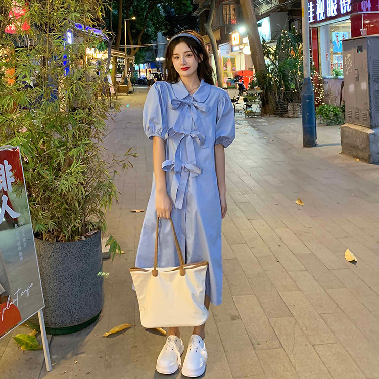 Super Hot ชุดแขนพัฟหญิงฤดูร้อนเกาหลีรุ่นสไตล์ใหม่ออกแบบ Bowknot polo Collar Slimmer ดูกระโปรงแขนสั้นกํามะหยี่สไตล์ Mink Match I7SQ