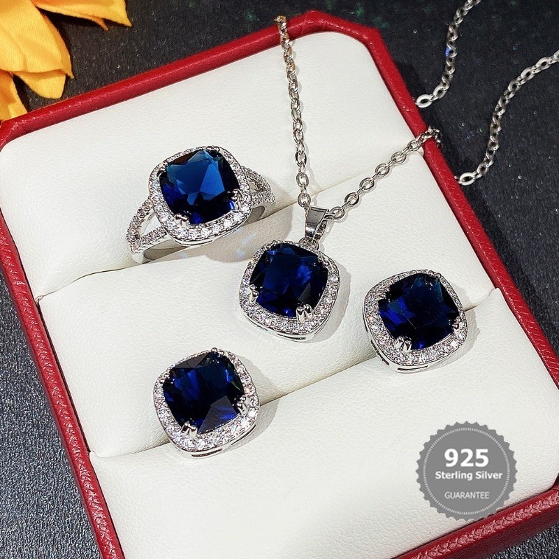 ส925เครื่องประดับเงินสูทแฟชั่นสแควร์ไพลินสีฟ้าเพทายชุดอุปกรณ์เสริมหรูหราเครื่องประดับหรูหรา
