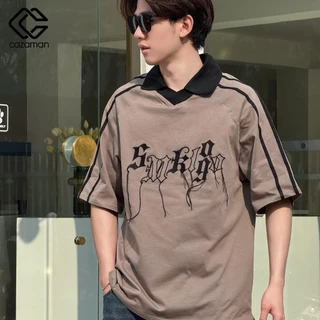 CAZAMAN เสื้อโอเวอร์ไซส์ เสื้อยืดคอกลม สีพื้น​ แขนสั้นสีขาว ทรงโอเวอร์ไซส์ 2174
