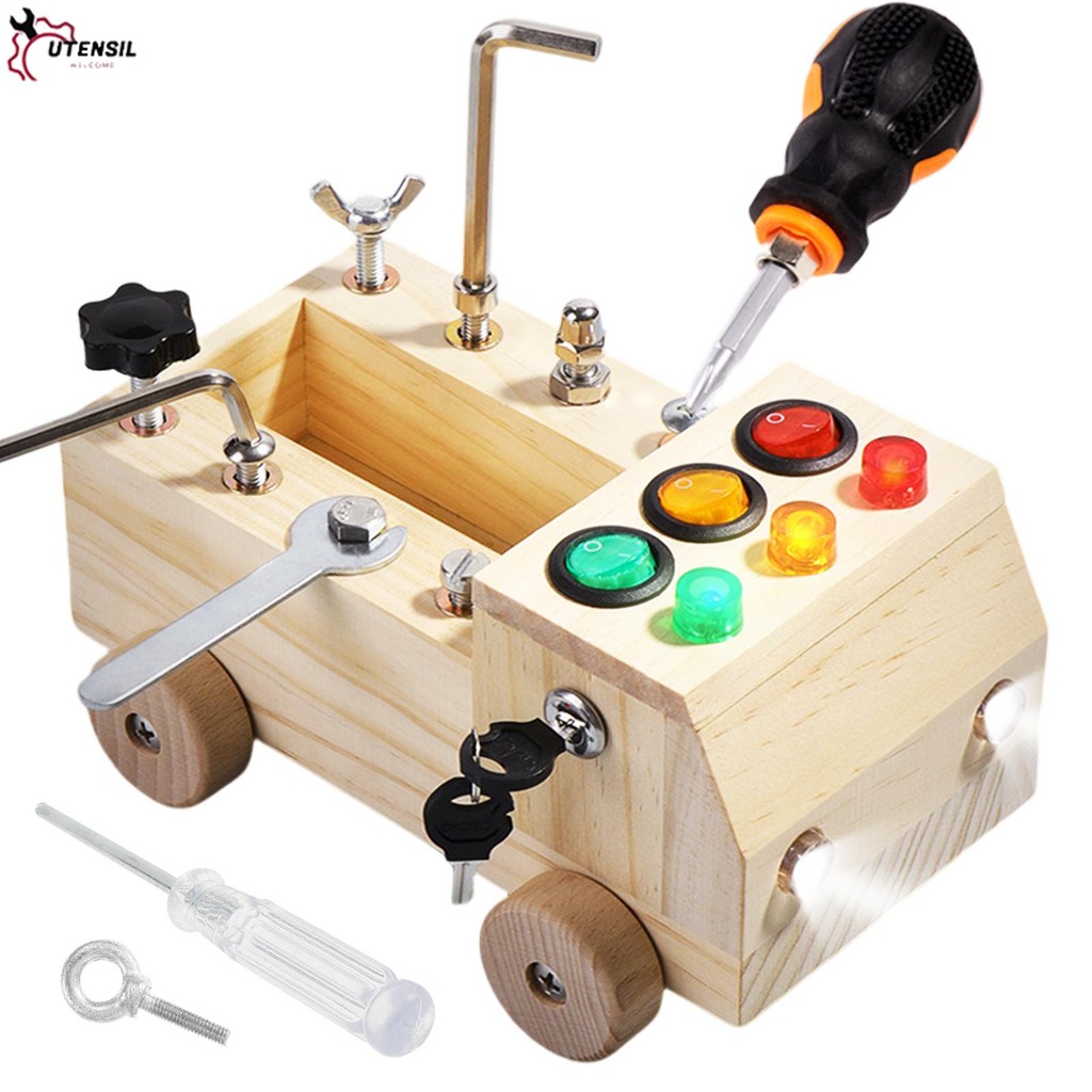 Montessori Busy Board สวิตช์ไฟ LED Busy Board ไม้ Sensory ของเล่นแบบพกพาไขควง Busy Board สําหรับเด็ก