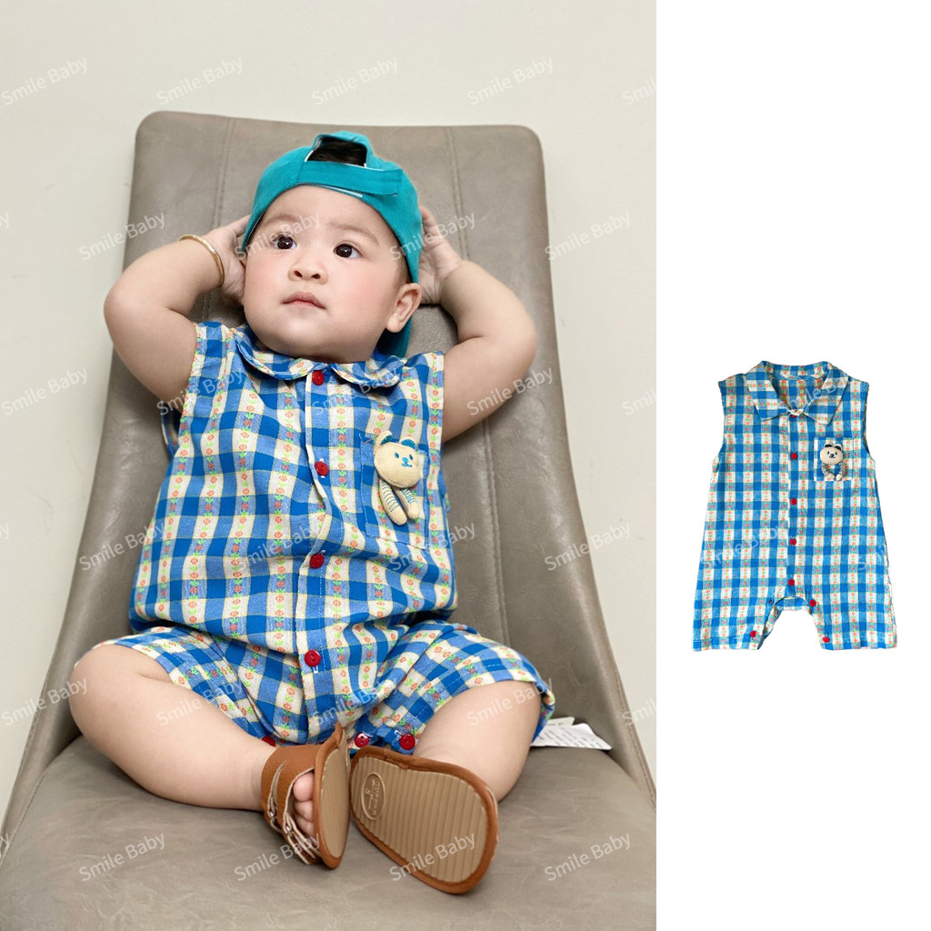 ฤดูร้อนใหม่เสื้อผ้าเด็กทารกชายและหญิงแขนกุดบอดี้สูท 0-24 เดือนระบายอากาศและสะดวกสบายการ์ตูนหมีลายสก๊อต ชุดรอมเปอร์ สไตล์เกาหลี