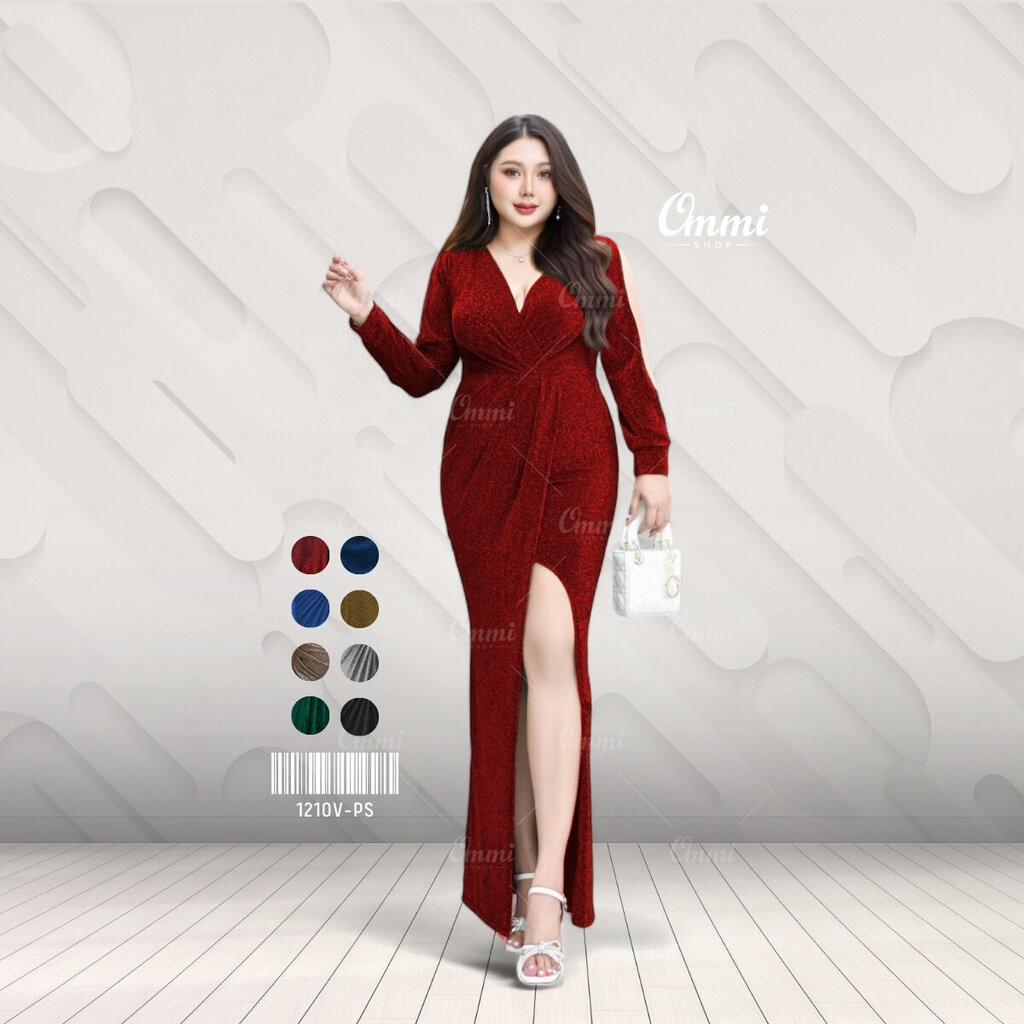 Ommishop ชุดราตรี 1210V-PS คอวีแขนยาว เดรสออกงาน ชุดงานแต่ง เพื่อนเจ้าสาว เดรสสาวอวบ Plus Size