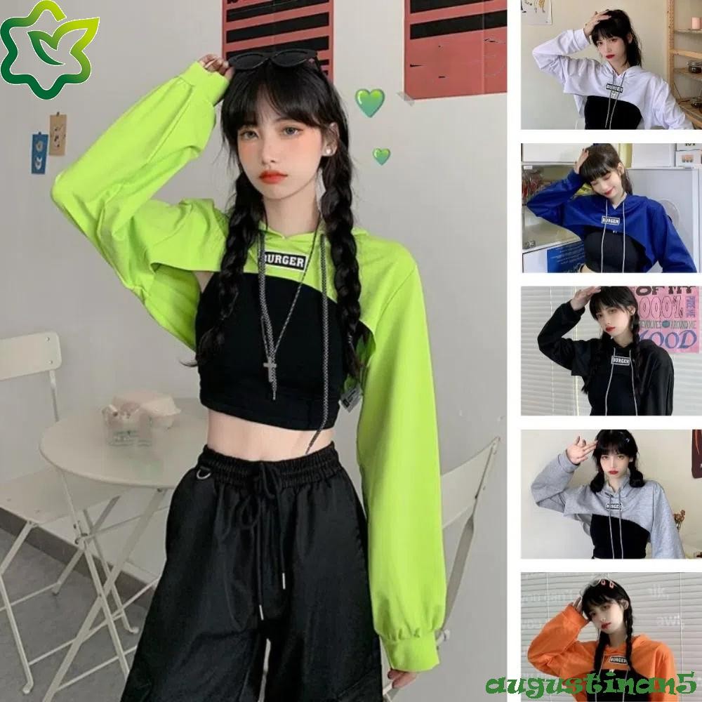 Augustinan เสื้อมีฮู้ดสั้นพิเศษ, Drawstring Y2K เสื้อครอปแขนยาว, Harajuku Tees หลวม Streetwear Shrug เสื้อสวมหัวหญิง