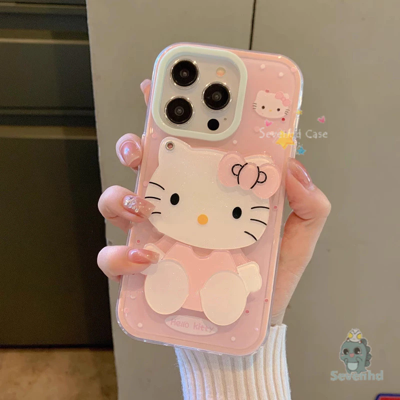KT Mirror Casing + Lanyard Compatible for iPhone 11 16 XR 15 14 13 12 Pro Max X Xs Max 7 8 6 6s Plus Kitty Case การ์ตูนน่ารักลูกแมวเคสโทรศัพท์ + Chain Soft Silicon Protective Clear Cover