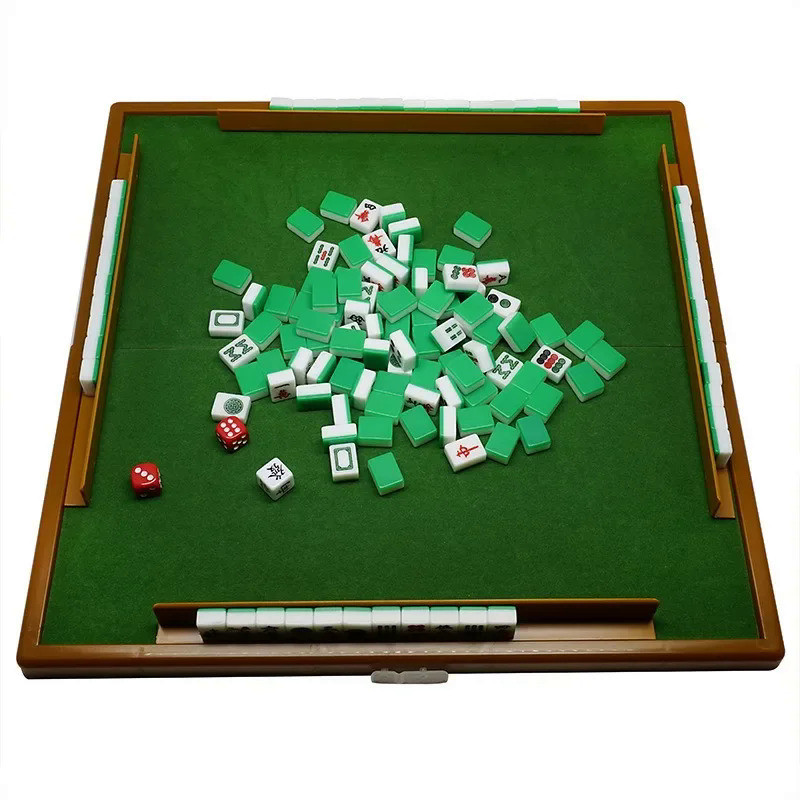 Mahjong Game Set Portable Dice Tile Ruler Board Game Mini Mahjong with Folding Mahjong Table Home En